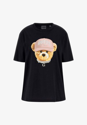 Schwarzes Baumwoll-T-Shirt mit einem Bärenmotiv, der eine rosa Mütze trägt, verziert mit Strasssteinen, und einem silbernen Kragenakzent. Kurzärmlig.