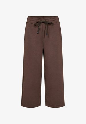 Pruunid laiad püksid, mis on valmistatud pehmest kangast, millel on elastne vöökoht ja reguleeritav nöör. Ei mingeid nähtavaid mustreid ega aktsente.