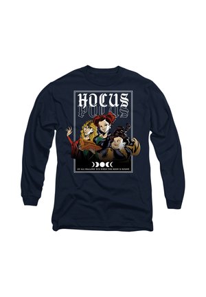 Navy long-sleeve t-shirt featuring a printed graphic of three witches, with "HOCUS POCUS" in bold text and moon phases below.