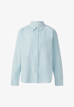 Light blue button-up shirt made of soft fabric, featuring a classic collar and long sleeves with buttoned cuffs. Simple design, no patterns.