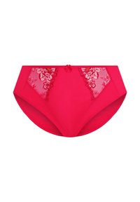 String rouge taille haute en tissu lisse avec des panneaux en dentelle florale sur les côtés et un accent délicat en nœud au centre devant.