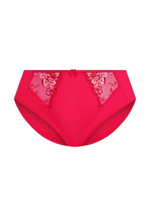 Rode hoge taille slip van gladde stof met bloemenkantpanelen aan de zijkanten en een delicate strikaccent in het midden vooraan.