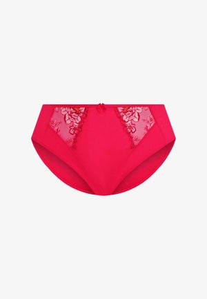 Red high-waisted brief made of smooth fabric with floral lace panels on sides and a delicate bow accent at the center front.