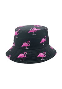 Schwarzer Bucket Hat mit pinkem Flamingo-Druck. Hergestellt aus Stoff mit strukturierter Oberfläche. Verfügt über eine breite Krempe und eine strukturierte Krone.