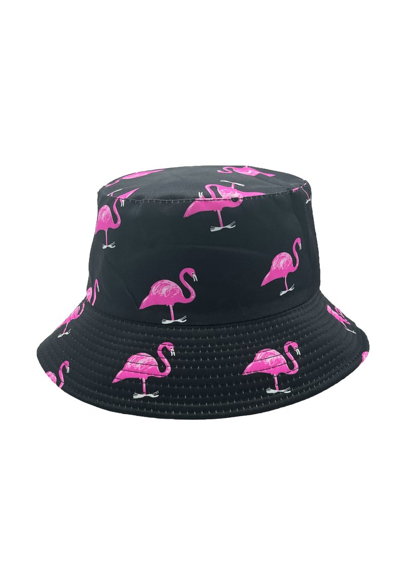 Schwarzer Bucket Hat mit pinkem Flamingo-Druck. Hergestellt aus Stoff mit strukturierter Oberfläche. Verfügt über eine breite Krempe und eine strukturierte Krone.