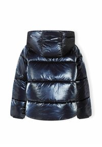 Giacca a vento nera lucida con cappuccio, mostrata sul retro, caratterizzata da una trapuntatura orizzontale e maniche lunghe su uno sfondo bianco.