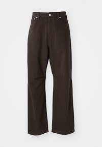 Dark brown corduroy pants with vertical pinstripes, wide leg design, and front pockets. Features a button closure and belt loops.