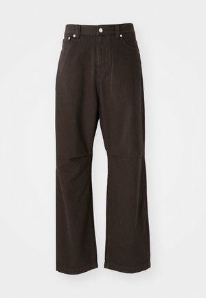 Dark brown corduroy pants with vertical pinstripes, wide leg design, and front pockets. Features a button closure and belt loops.