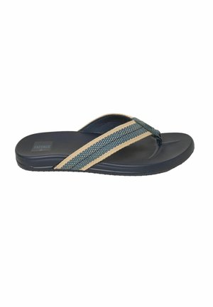 Men’s black flip-flop sandal with woven beige and dark blue fabric straps and textured footbed, branded label on heel.