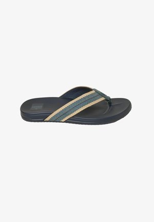 Men’s black flip-flop sandal with woven beige and dark blue fabric straps and textured footbed, branded label on heel.