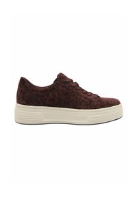 Zapatillas de leopardo en ante burdeos oscuro con puntera redonda, suela plana blanca y cordones negros. Presenta acentos texturizados a lo largo de los lados.