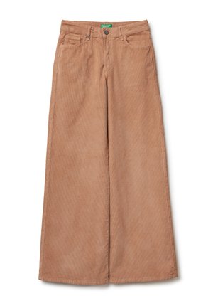 Pantalons en velours côtelé à jambes larges de couleur brun clair. Dotés d'une fermeture à bouton, de poches avant et d'une finition douce et texturée.