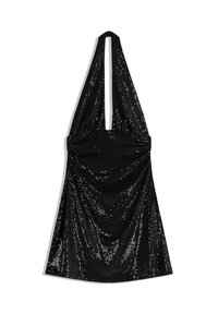 Crna halter mini haljina s drapiranim dizajnom i sjajnom teksturom od šljokica, s dubokim dekolteom i otvorenim leđima za dodatne detalje.