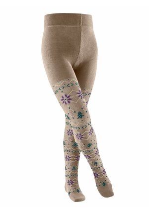 Collant beige lavorati a maglia con fiori viola e motivi di pini verdi che coprono le gambe dalla vita alle dita dei piedi.