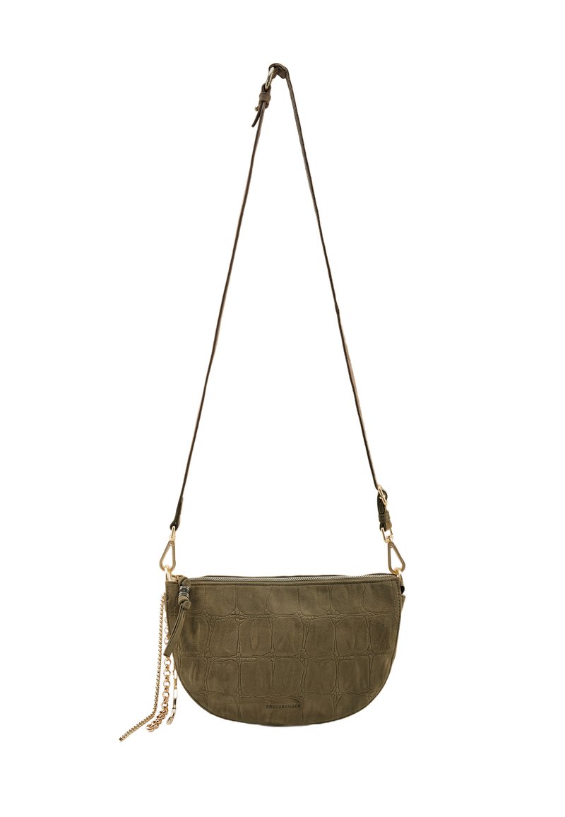 Borsa a tracolla verde oliva con motivo a coccodrillo in rilievo. Presenta una chiusura con zip, tracolla regolabile e un dettaglio in catena dorata.