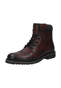 Braune Lederstiefelette mit schwarzem Stoffkragen, Schnürdesign, strukturiertem Finish und robuster Gummisohle. Mit geprägtem Branding an der Ferse.