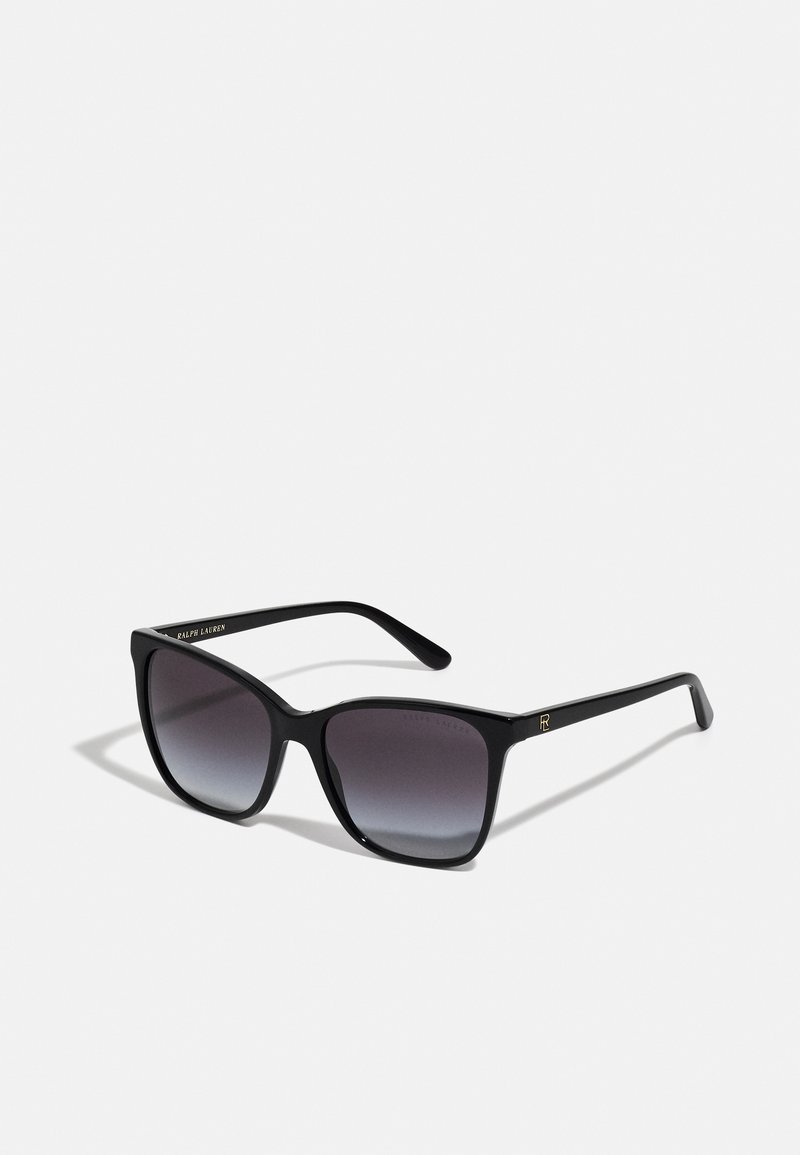 Black sunglasses with square frames, gradient dark gray lenses, and gold accents. Made from plastic with a smooth finish.