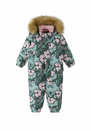 Tuta invernale con motivo floreale verde e rosa, dotata di cappuccio foderato in pelliccia sintetica, chiusura con zip e polsini e caviglie elasticizzati.