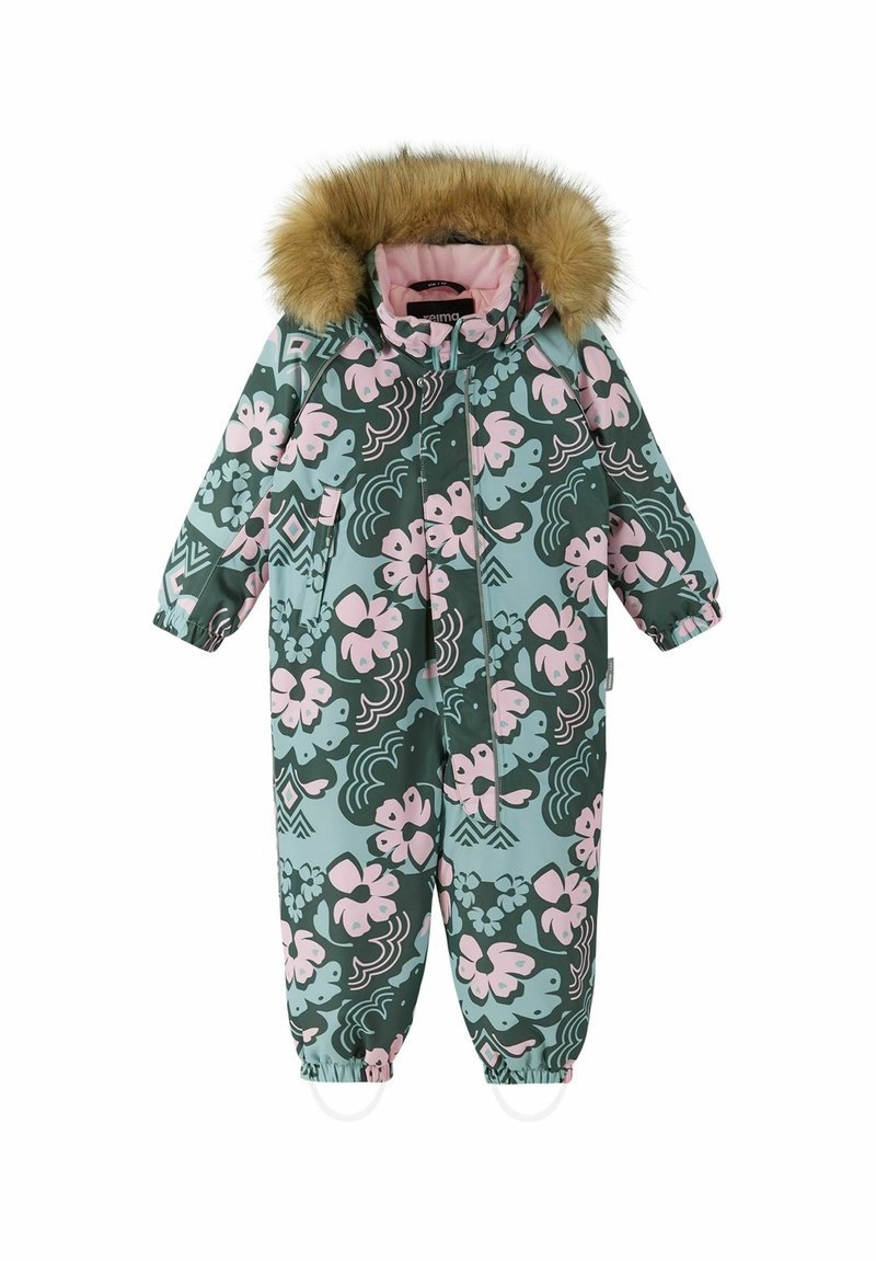 Tuta invernale con motivo floreale verde e rosa, dotata di cappuccio foderato in pelliccia sintetica, chiusura con zip e polsini e caviglie elasticizzati.