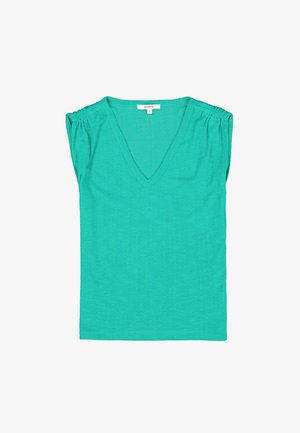 Haut à col en V et à manches courtes de couleur bleu canard, avec des détails froncés aux épaules. Fabriqué en tissu doux avec une texture subtile.