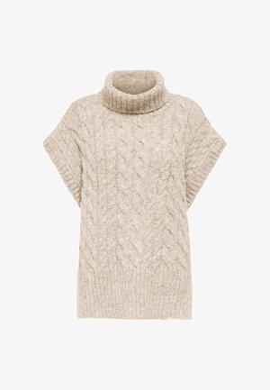 Maglione beige a maglia con collo alto, maniche corte e motivo a treccia testurizzato. Presenta dettagli a coste al collo e all'orlo.