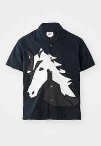 Short-sleeve shirt in dark navy fabric featuring a white and black horse head patch on the front, button closure, and standard collar.