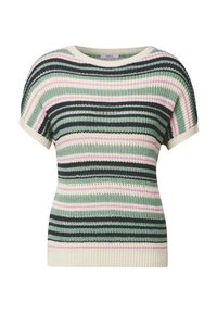 Randig stickad kortärmad tröja i grönt, marinblått, rosa och krämfärgat. Har ribbad halsringning och nederkant med strukturerad stickningsmönster.