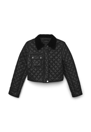 Schwarze gesteppte Lederjacke mit einem cropped Design, Druckknopfverschluss, einer Brusttasche und einem schwarzen Samtkragen.