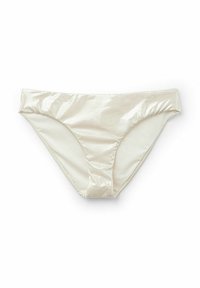 Lesklé krémově zbarvené bikini kalhotky s hladkou texturou, vysokým střihovým vykrojením a minimálním pokrytím. Vybaveno překládaným pasem pro pohodlí.