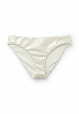 Błyszczące, kremowe bikini w dolnej części o gładkiej teksturze, wysokim kroju nogawek i minimalnym pokryciu. Posiada złożony pasek w talii dla większego komfortu.