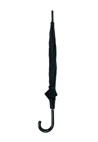 Schwarzer Regenschirm mit einem geschwungenen Griff, der ein glattes Textil-Design aufweist und bei geschlossenem Zustand eine gedrehte Form hat. Oben sicher befestigt.