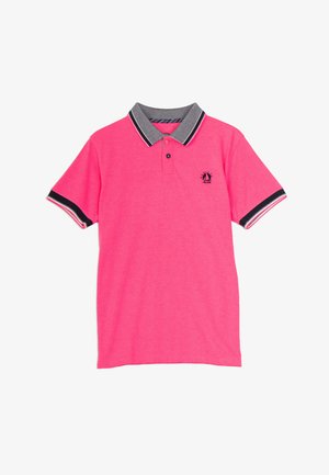 Felle roze polo shirt van katoen, met een grijze kraag, gestreepte mouwaccenten en een klein geborduurd logo op de linkerkant van de borst.