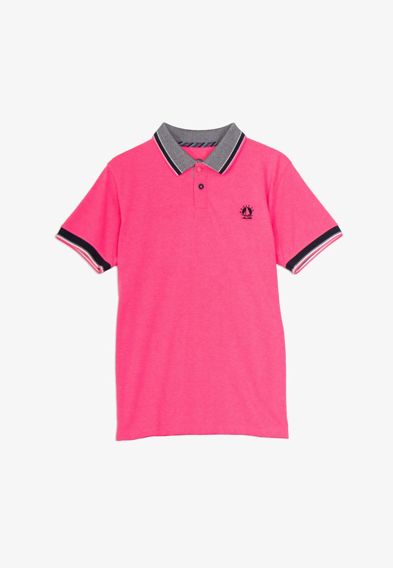 Polo shirt rose vif en coton, avec un col gris, des accents rayés sur les manches et un petit logo brodé sur la poitrine gauche.