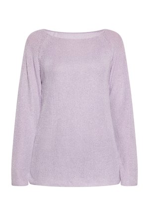 Lavender knitted sweater with a rectangular neckline, long sleeves, and a textured finish. Features subtle ribbing and side slits.
