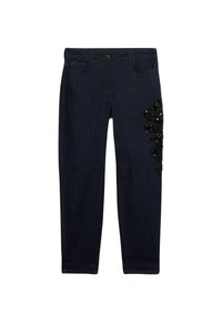 Los jeans de mezclilla oscura presentan un diseño ajustado con un patrón decorativo de lentejuelas negras en un lado, ofreciendo un contraste texturizado.