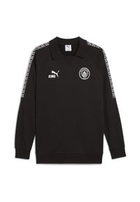 Sweatshirt negru cu mânecă lungă și guler, cu detalii albe ale logo-ului și accente cu model pe mâneci.