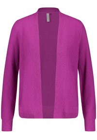Long-sleeve, open-front cardigan in bright purple, featuring ribbed texture along the collar and cuffs, made from soft knit material.