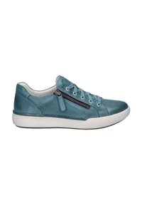 Sneaker in pelle verde acqua con suola bianca testurizzata, dotato di design con lacci, cerniera laterale e dettagli di cucitura sottili.