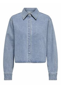 Light blue denim jacket with a cropped design, button front, pointed collar, and scattered stud details on the fabric. Long sleeves.