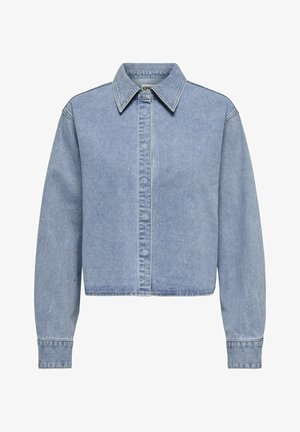Hele sinine denim jakk, millel on lühendatud disain, nööpide eesmine osa, terav krae ja kangal hajutatud nööpnõelad. Pikad varrukad.