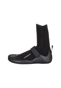 Black neoprene boot with a high ankle, split toe design, adjustable Velcro strap, and textured rubber sole for grip.