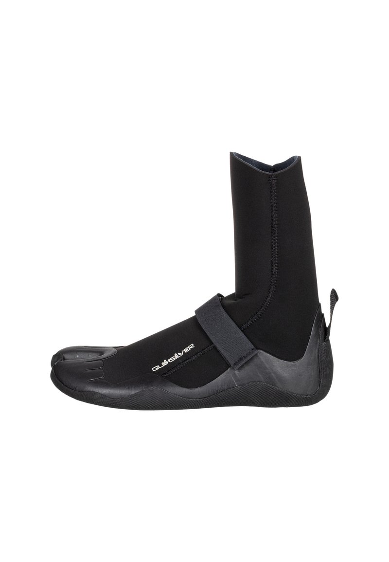 Black neoprene boot with a high ankle, split toe design, adjustable Velcro strap, and textured rubber sole for grip.