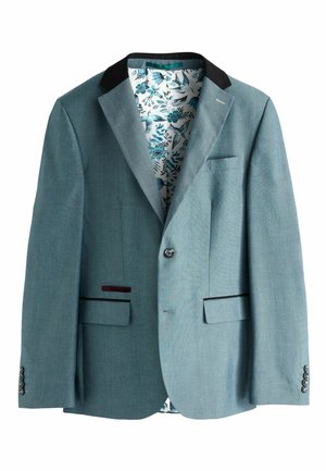 Teele Blazer mit schwarzen Revers, zwei Fronttaschen, einer Knopfschließe und einem floral gemusterten Innenfutter in Blau und Weiß.