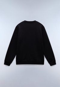 Sudadera negra de manga larga, mostrada de lado plano con la parte trasera hacia arriba, con puños y dobladillo acanalados, y cuello redondo sobre un fondo gris claro.