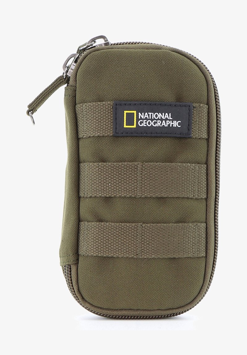 Olive green zippered pouch with National Geographic logo, made of durable fabric, featuring webbing straps for attachments. Compact and textured design.