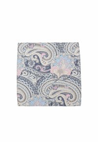 Paisley-patterned fabric in navy blue, cream, and pastel pink. Features intricate swirls and floral accents. Textured finish. Rectangular shape.