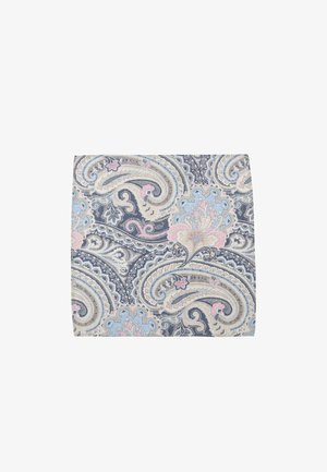 Paisley-patterned fabric in navy blue, cream, and pastel pink. Features intricate swirls and floral accents. Textured finish. Rectangular shape.