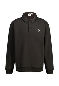 Black long-sleeve polo shirt made from a soft material. Features a three-button placket and an embroidered logo on the left chest.