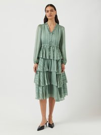 Μέντα πράσινο πλισέ φόρεμα με στρωτό φούστα, ριγωτό λαιμόκοψη, λεπτομέρειες με κουμπιά και μακριά μανίκια; σε συνδυασμό με μαύρες ψηλές γόβες.