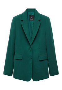 Blazer vert ajusté avec deux boutons, revers crantés et poches avant à rabat, présenté sur fond blanc.